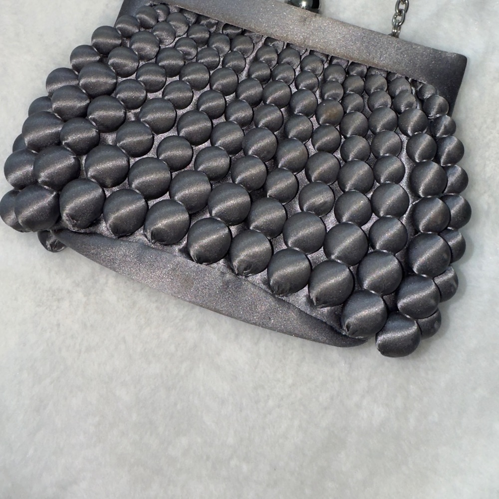 Sondra Roberts gray satin ball clasp clutch on chain